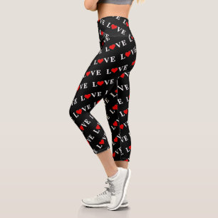 Black LOVE and Heart Simple Minimalist Modern Chic Capri Leggings