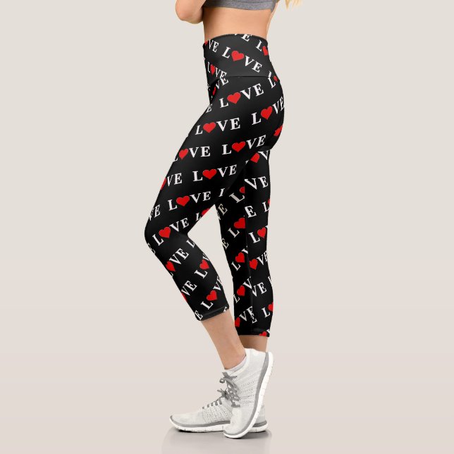 Black LOVE and Heart Simple Minimalist Modern Chic Capri Leggings (Left)