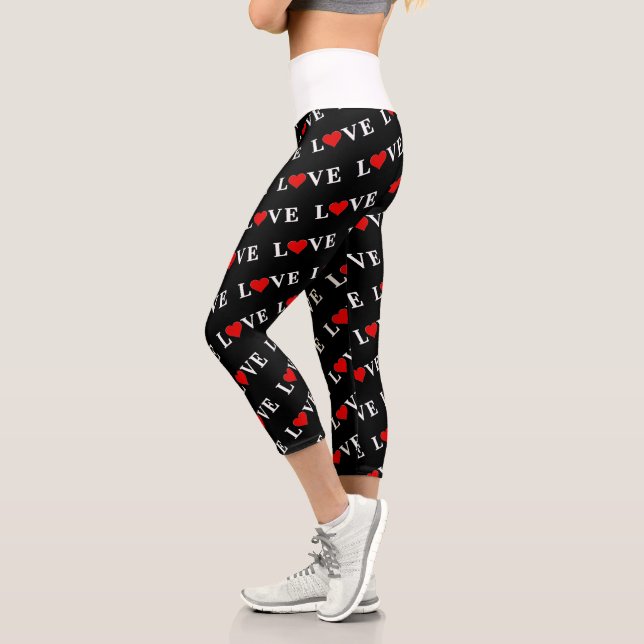Black LOVE and Heart Simple Minimalist Modern Chic Capri Leggings (Left)