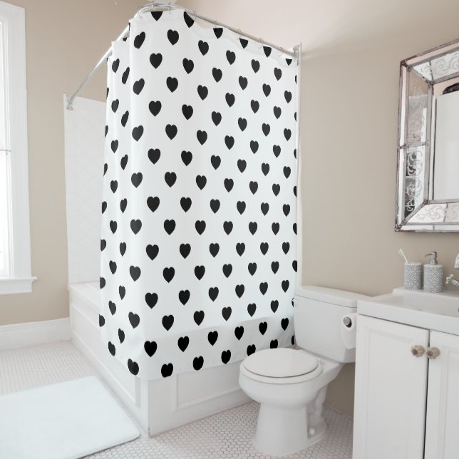 Black Love Hearts White Background Shower Curtain (In Situ)
