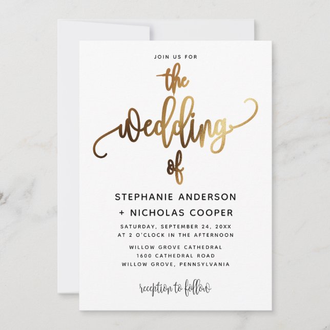  Black Lovely Script Typography Wedding Gold Invitation (Front)