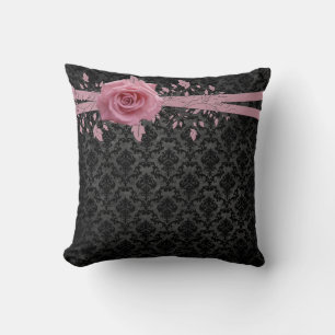 Black Luxury Damask Pink Rose Pillow