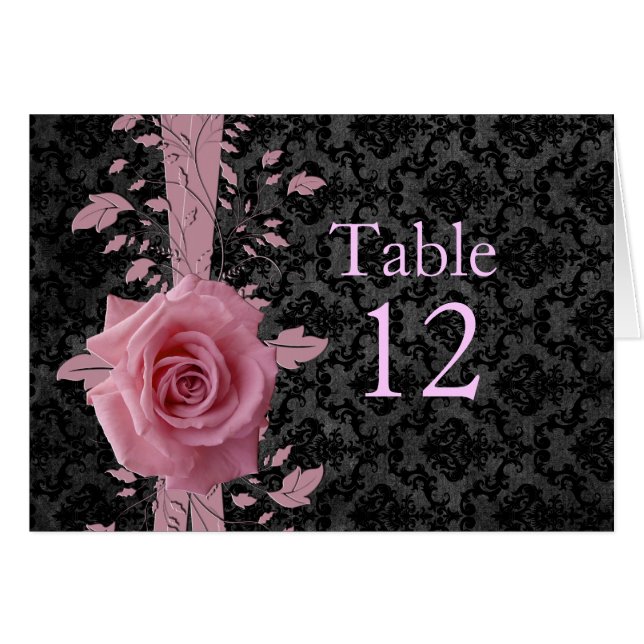 Black Luxury Damask Pink Rose Table card (Front Horizontal)