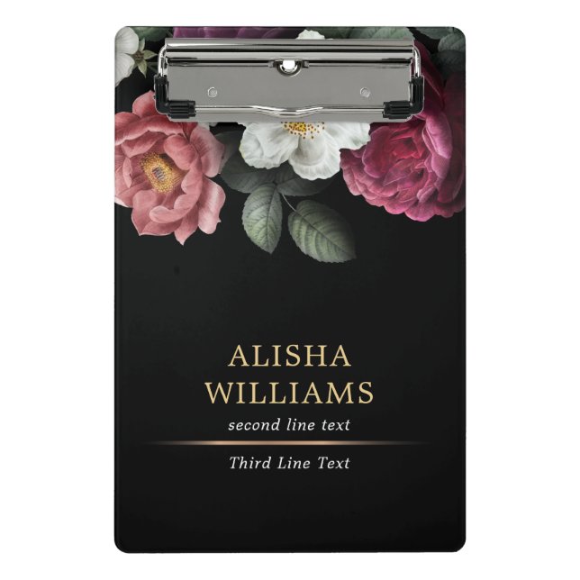 Black Luxury Personalized Floral Mini Clipboard (Front)