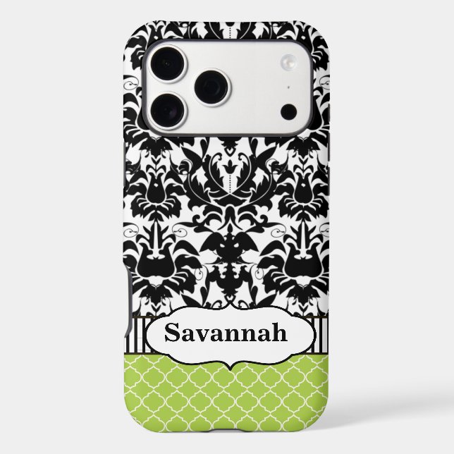 Black Macki Damask Moroccan Personalized iPhone (Back)