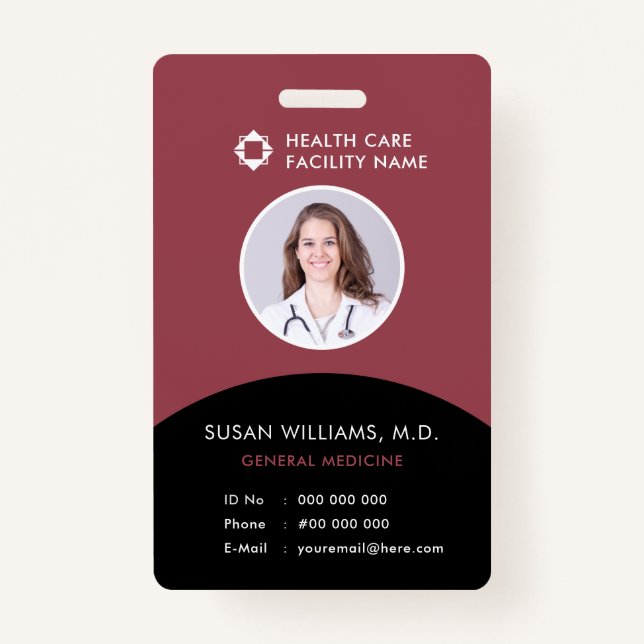 Black Magenta Doctor Photo ID Company Logo Modern Badge (Front)