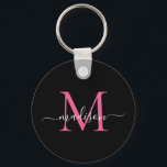 Black Magenta Pink Monogram Name Elegant Script Keychain<br><div class="desc">Simple Black Magenta Hot Pink Monogram Elegant Modern Script Keychain</div>