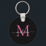 Black Magenta Pink Monogram Name Elegant Script Keychain<br><div class="desc">Simple Black Magenta Hot Pink Monogram Elegant Modern Script Keychain</div>