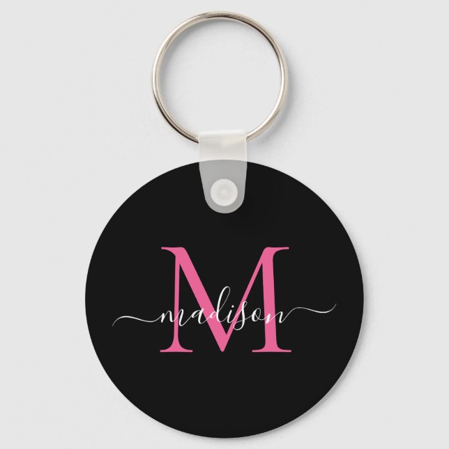 Black Magenta Pink Monogram Name Elegant Script Keychain (Front)