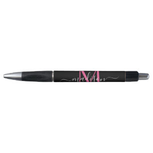 Black Magenta Pink Monogram Script Name Stylish Pen