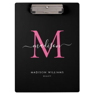 Black Magenta Pink Monogram Stylish Script Name Clipboard