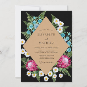 Black Magenta Protea Sage Wedding Invitation