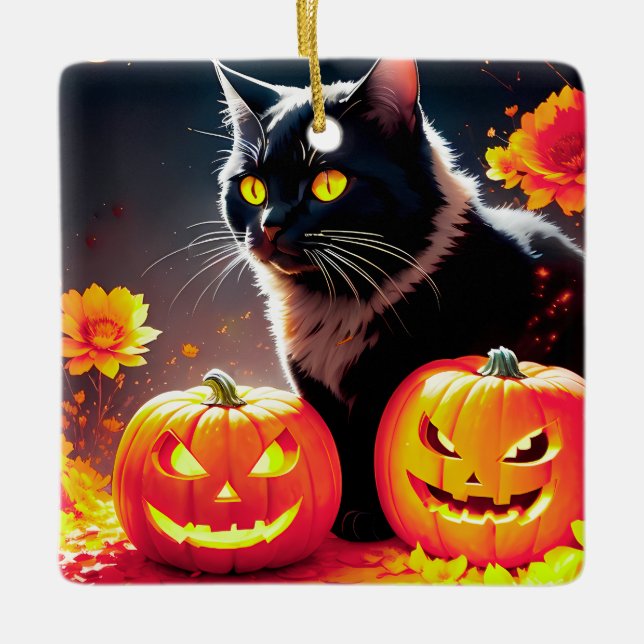 Black Magic Cat with Pumpkins Ceramic Ornament (Front)