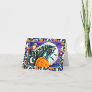 BLACK MAGIC HORSE, OWL, JACK O LANTERN & SKULLS HOLIDAY CARD