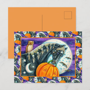 BLACK MAGIC HORSE, OWL, JACK O LANTERN & SKULLS HOLIDAY POSTCARD