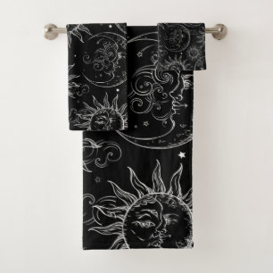 Black Magic Vintage Celestial Sun Moon Stars Bath Towel Set