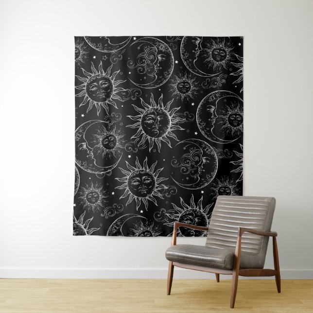 Black Magic Vintage Celestial Sun Moon Stars Tapestry (In Situ)