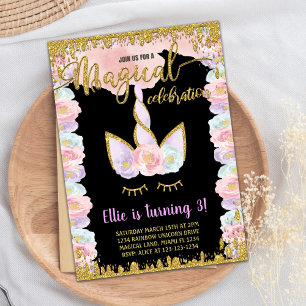 Black Magical Glitter Unicorn Birthday Invitations