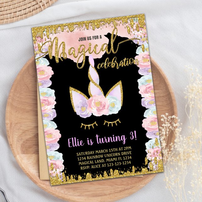 Black Magical Glitter Unicorn Birthday Invitations (Black Magical Glitter Unicorn Birthday Invitations)