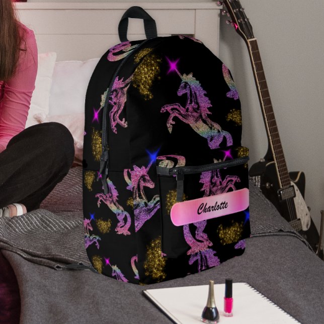 Black Magical Rainbow Crystal Unicorns Printed Backpack (Creator Uploaded)