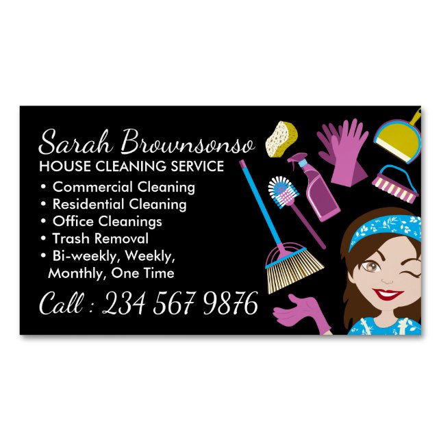 Black Maid Janitorial Lady Tile Washing Magnetic Business Card (Front)