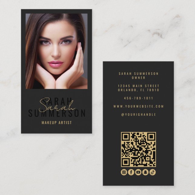 Black Makeup Artist Beauty Salon QR Code Photo Business Card (Front/Back)