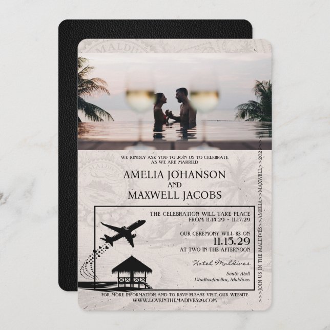 Black Maldives Passport Wedding Invitation (Front/Back)