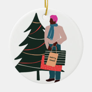 Black Man Pink Hair Christmas Ceramic Ornament
