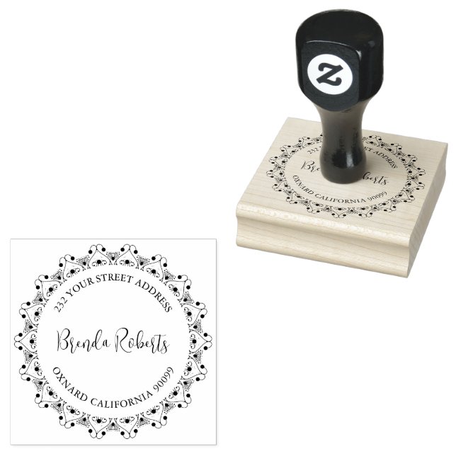Black Mandala Border Custom Modern Typography Rubber Stamp (Stamped)