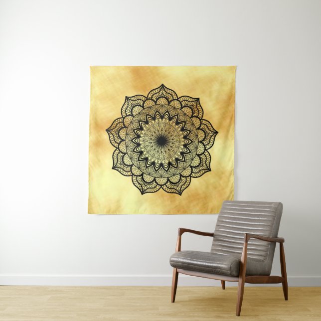 Black Mandala on Gold Background Square Tapestry (In Situ)