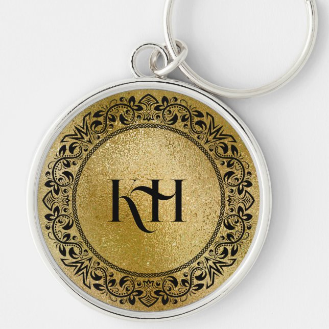 Black Mandala on Iridescent Gold Texture Keychain (Front)