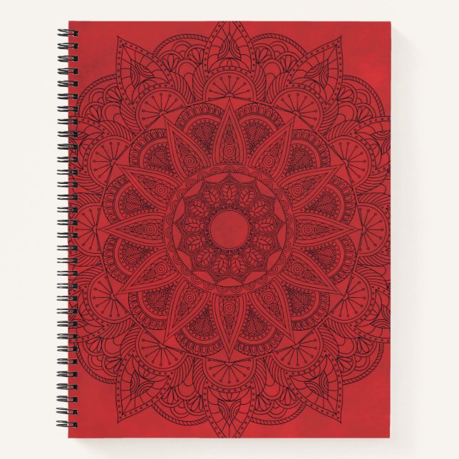 Black Mandala on Red Stains Background Notebook (Front)