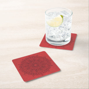 Black Mandala on Red Stains Background Square Paper Coaster