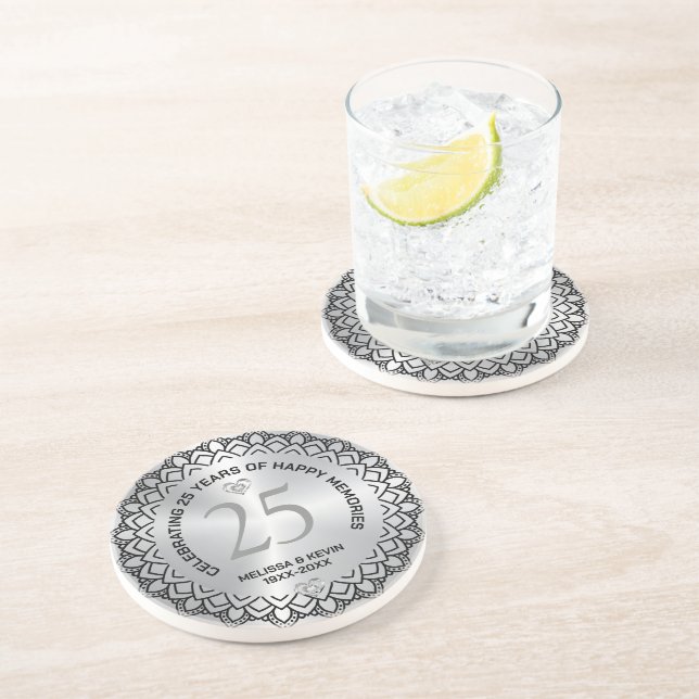 Black Mandala on Silver 25th Wedding Anniversary Coaster (Side)