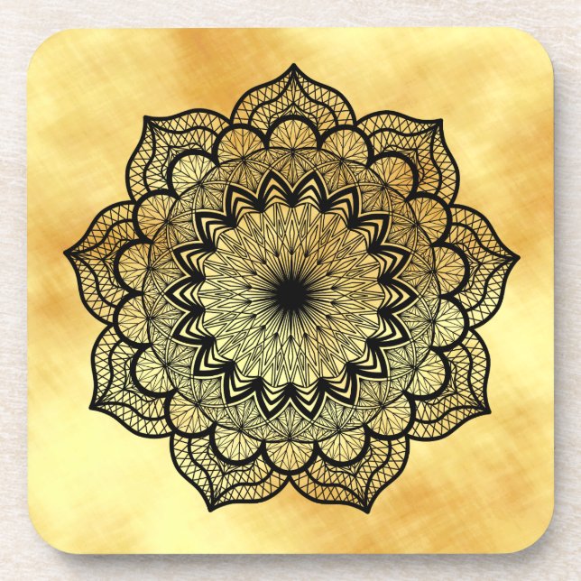 Black Mandala on Soft Gold Background Coaster (Front)