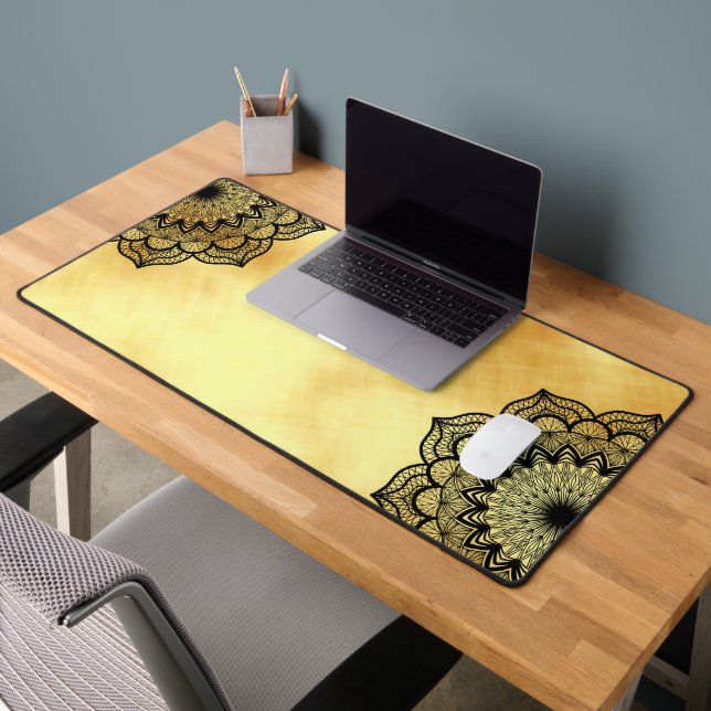 Black Mandala on Soft Gold Background Desk Mat (Office 2)
