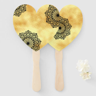 Black Mandala on Soft Gold Background Hand Fan