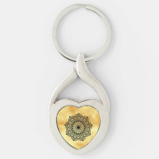 Black mandala on soft gold background keychain
