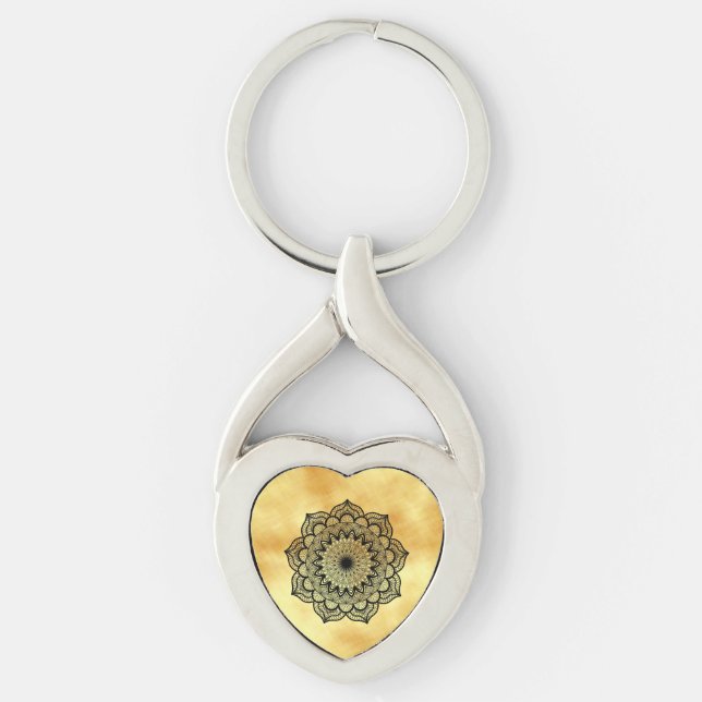 Black mandala on soft gold background keychain (Front)
