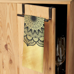 Black Mandala on Soft Gold Background Kitchen Towel