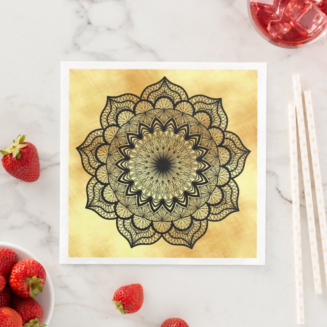Black Mandala on Soft Gold Background Napkin (Insitu)