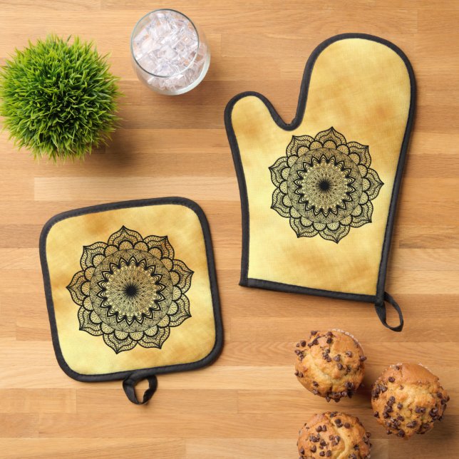 Black Mandala on Soft Gold Background Oven Mitt & Pot Holder Set (Top Down)