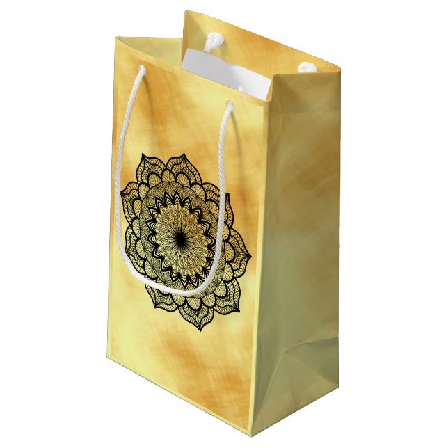 Black Mandala on Soft Gold Background Small Gift Bag (Back Angled)