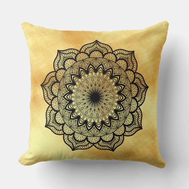 Black Mandala on Soft Gold Background Throw Pillow (Front)