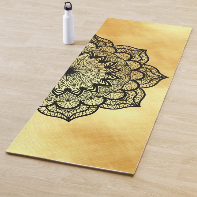 Black Mandala on Soft Gold Background Yoga Mat (In Situ)