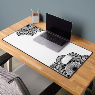 Black Mandala on White Background Desk Mat