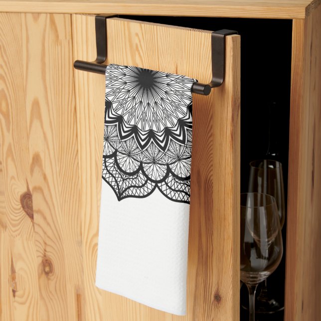 Black Mandala on White Background Kitchen Towel (Thirds Fold)