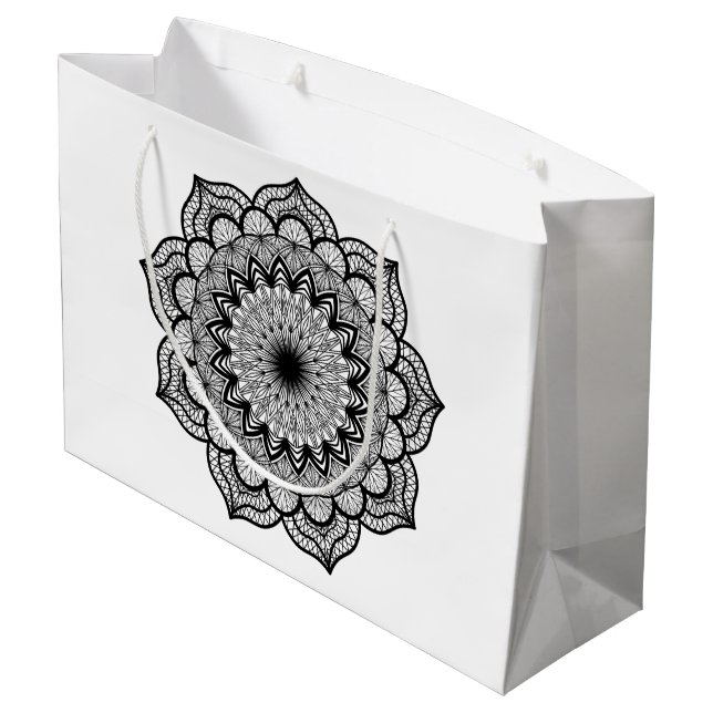 Black Mandala on White Background Large Gift Bag (Back Angled)