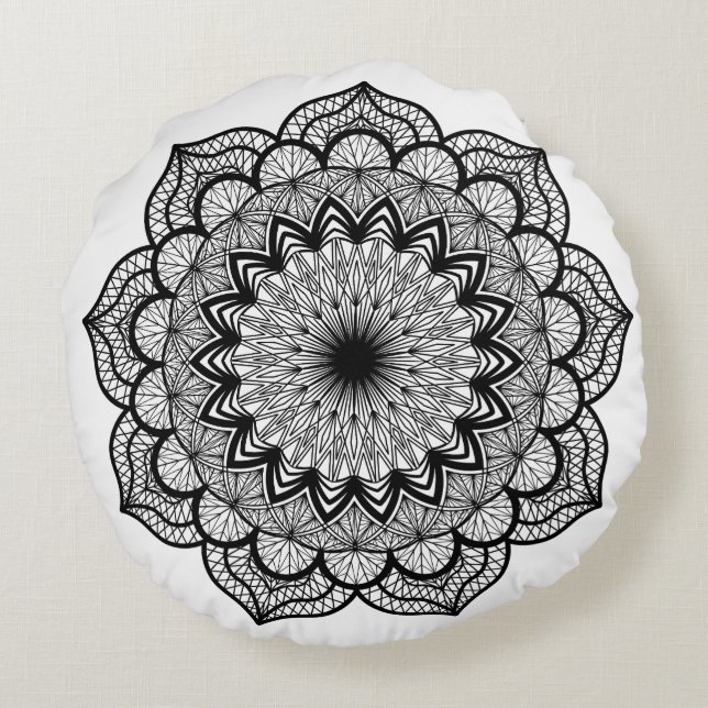 Black Mandala on White Background Round Pillow (Back)