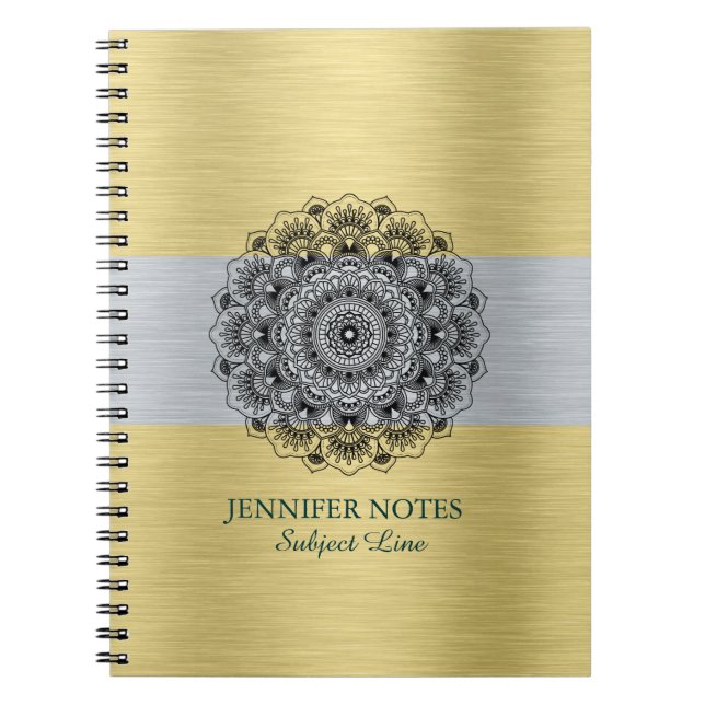 Black mandala over metallic gold & silver notebook (Front)